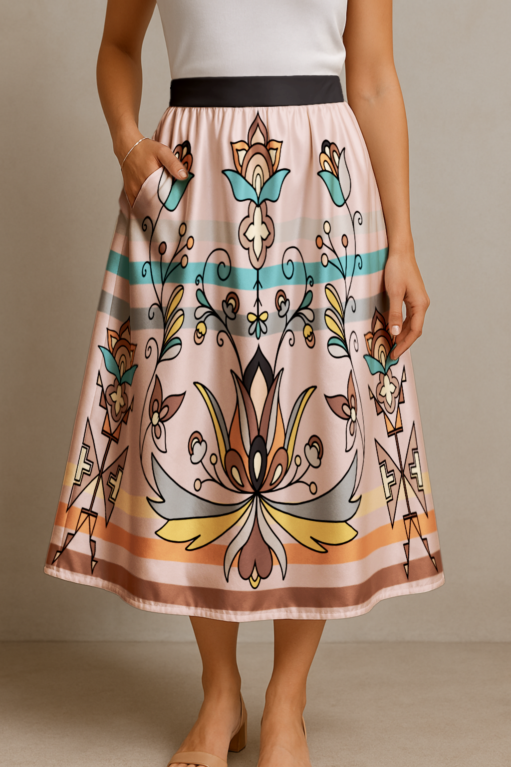 Petalpoint Ceremony Earthy Elastic Waist Pocket Midi Skirt