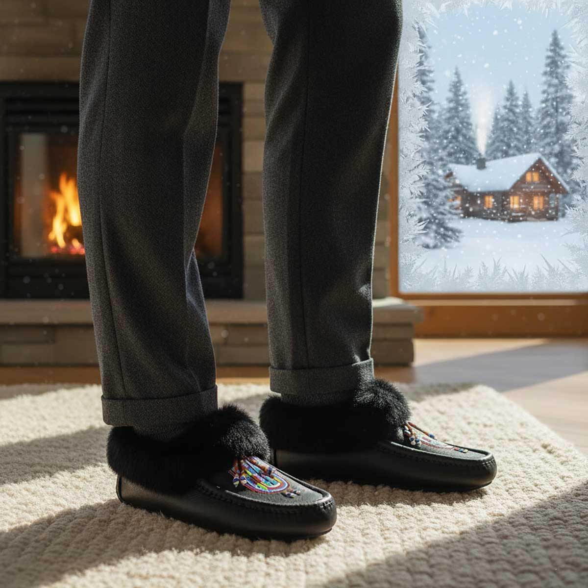 Prairie Signal Black Leather Black Fur Moccasin