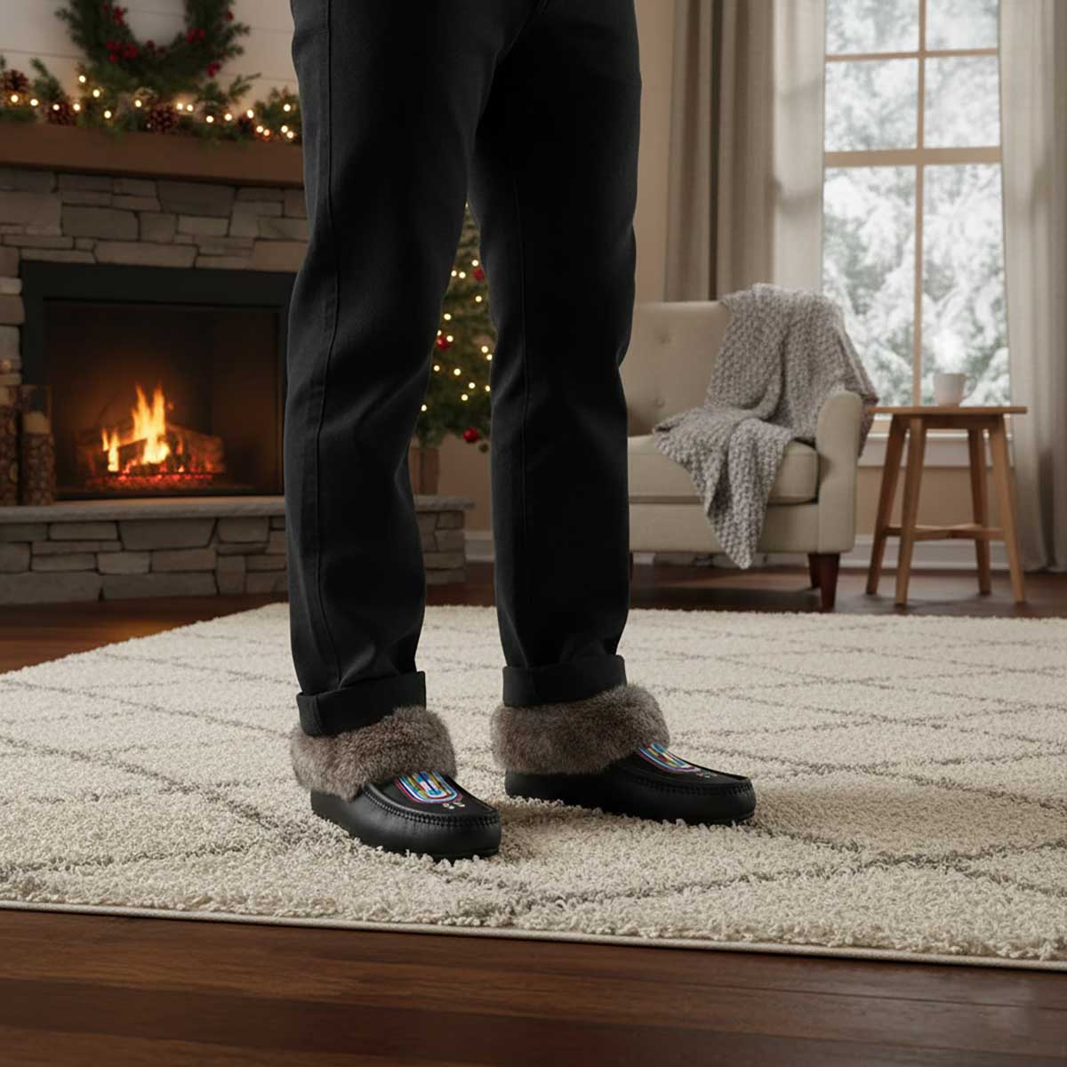 Prairie Signal Black Leather Mottled Fur Moccasin