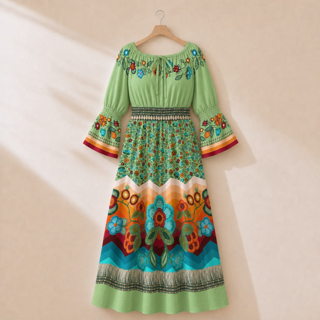 Prairie Fire Petals Sage 3 Smocked Waist Peasant Dress