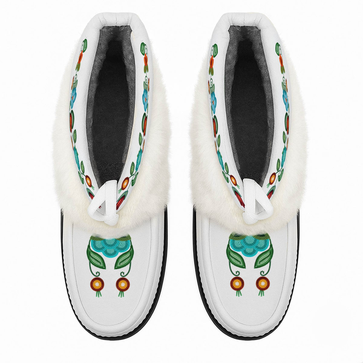 Prairie Fire Petal white ankle MocLux (white fur) from above, showing the plush lining and printed toes