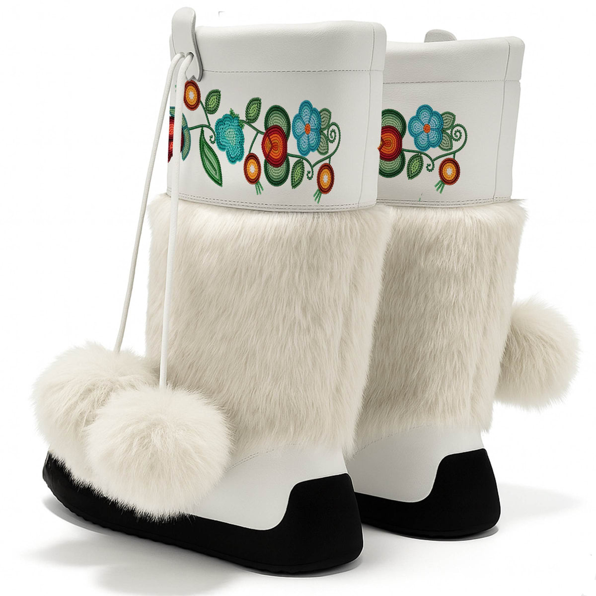 Prairie Fire Petals White Real Leather MocLux Calf with White Fur
