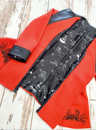 Red Embroidered Wool Coat w/ Leather Collar