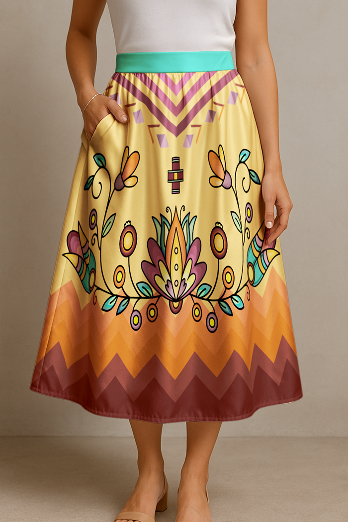 Roots and Rising Bright Elastic Waist Pocket Midi Skirt