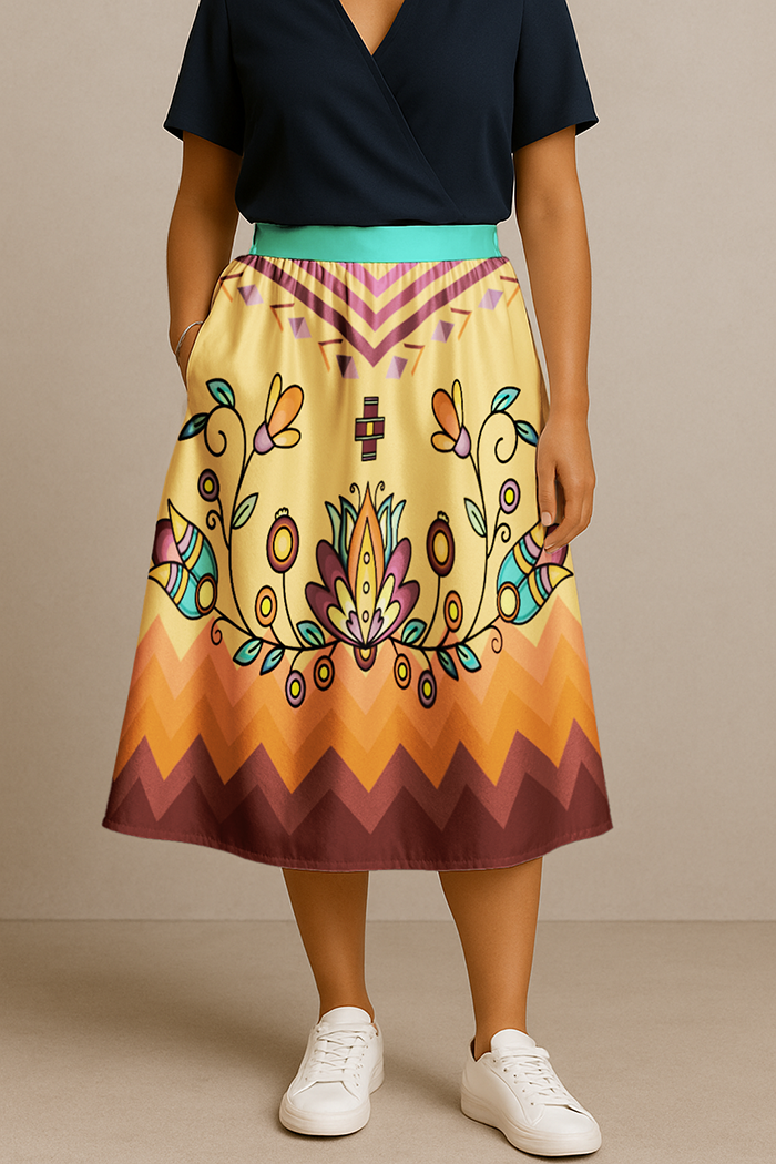 Roots and Rising Bright Elastic Waist Pocket Midi Skirt