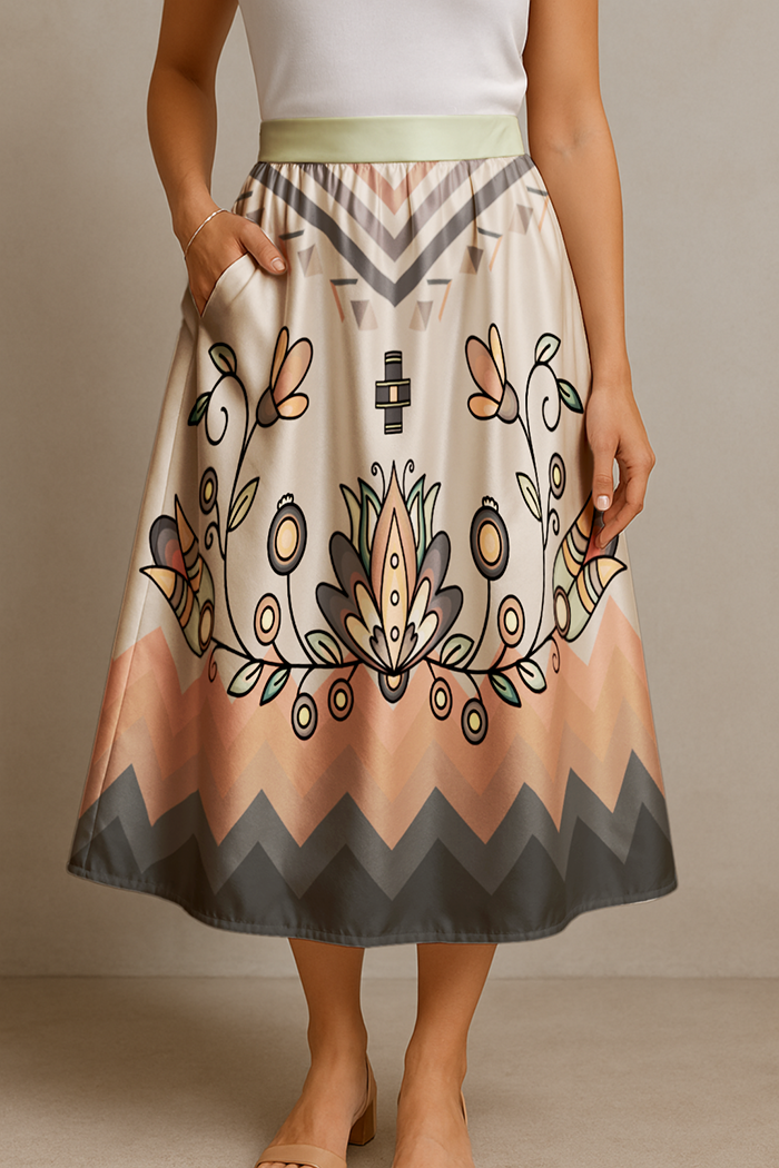 Roots and Rising Earthy Elastic Waist Pocket Midi Skirt