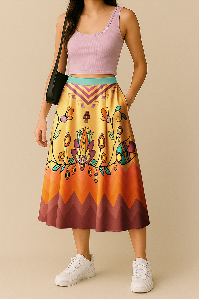 Roots and Rising Bright Elastic Waist Pocket Midi Skirt