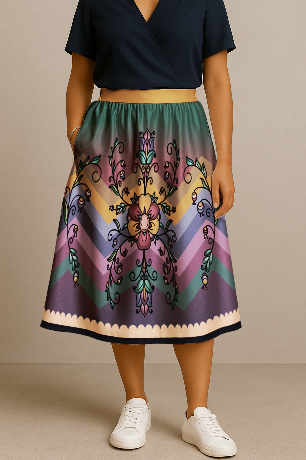 Rust & Ember Flower Song 05 Elastic Waist Pocket Midi Skirt