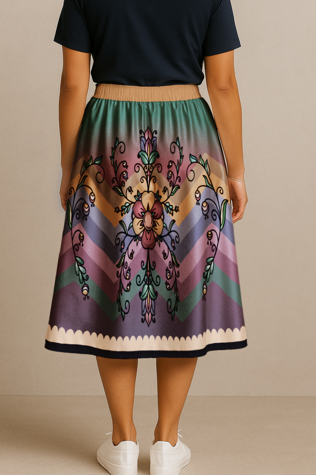 Rust & Ember Flower Song 05 Elastic Waist Pocket Midi Skirt
