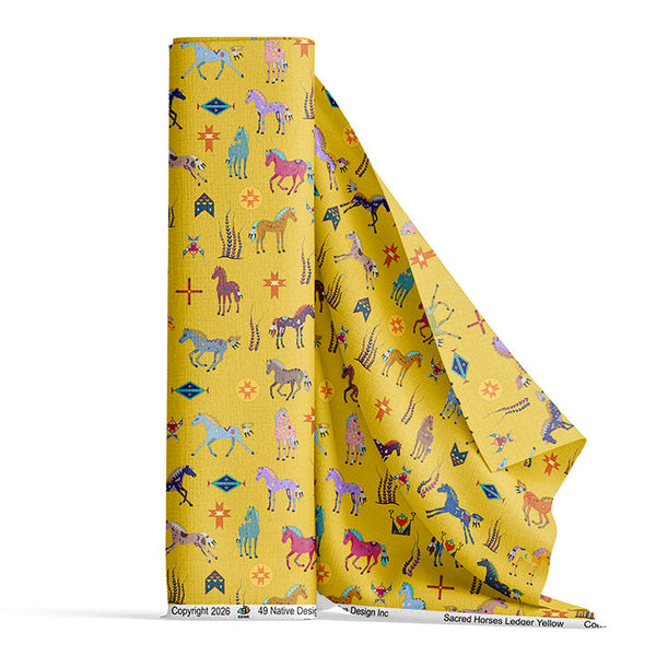 Sacred Horses Ledger Yellow Satin Fabric By the Yard Pre Order