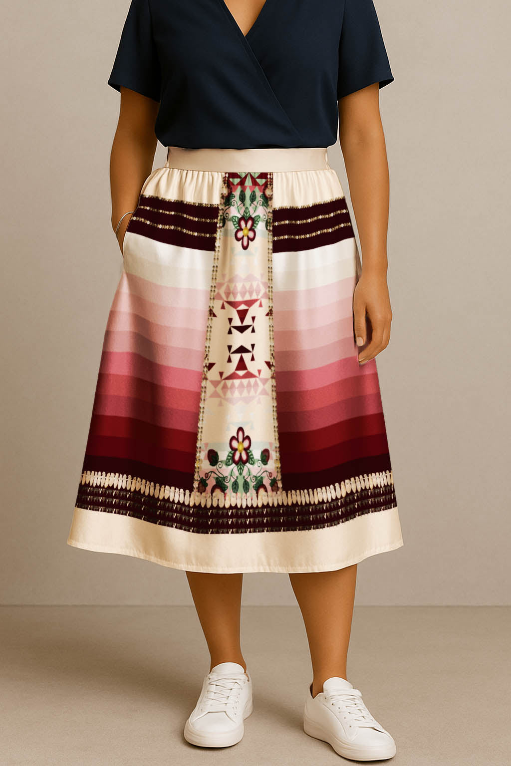 Sacred Strawberry Cream 2 Elastic Waist Pocket Midi Skirt