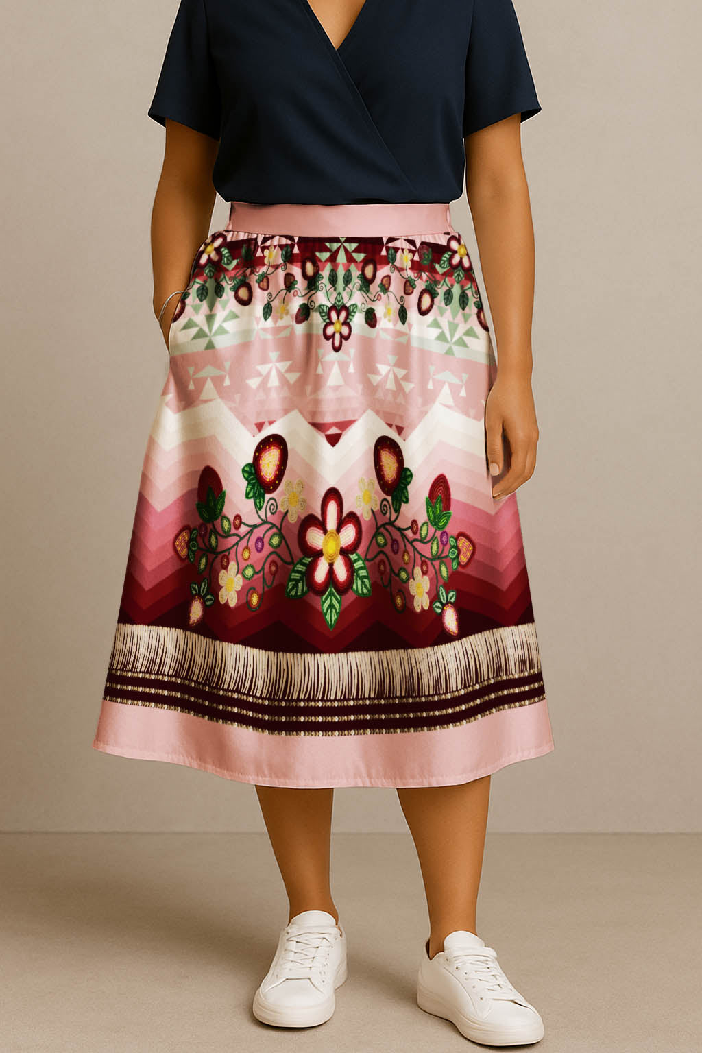 Sacred Strawberry Pink 1 Elastic Waist Pocket Midi Skirt