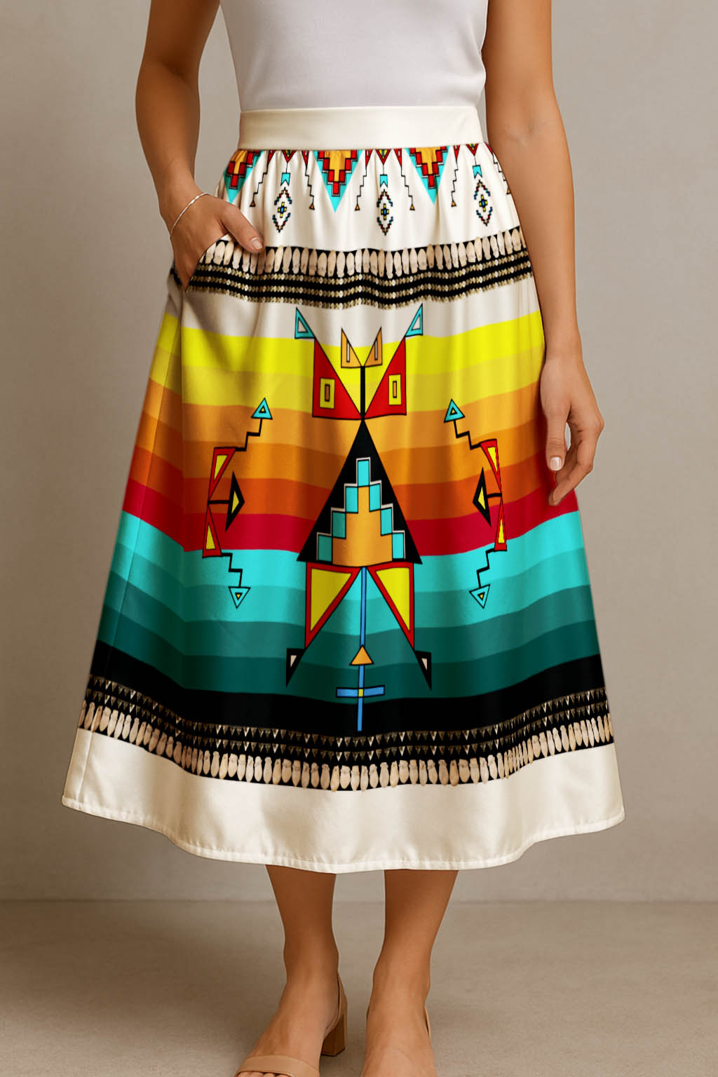 Sentinel of the Plains White 3 Elastic Waist Pocket Midi Skirt