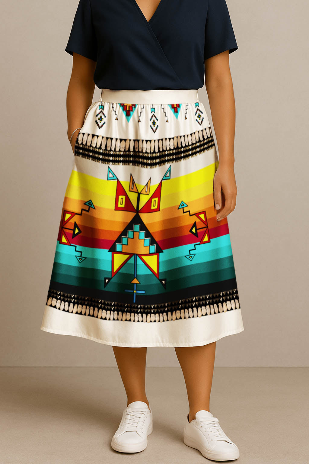 Sentinel of the Plains White 3 Elastic Waist Pocket Midi Skirt
