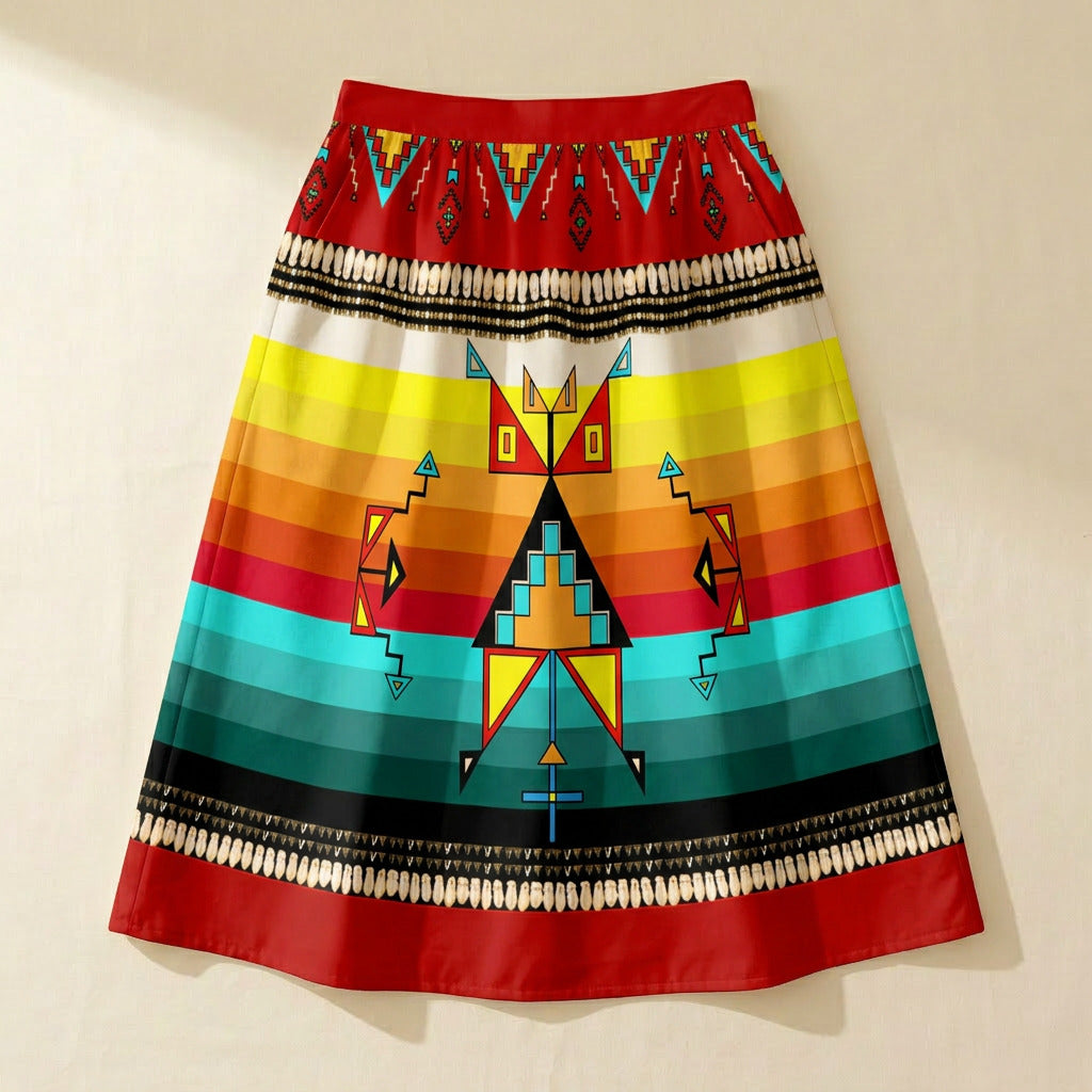 Sentinel of the Plains Red 3 Elastic Waist Pocket Midi Skirt