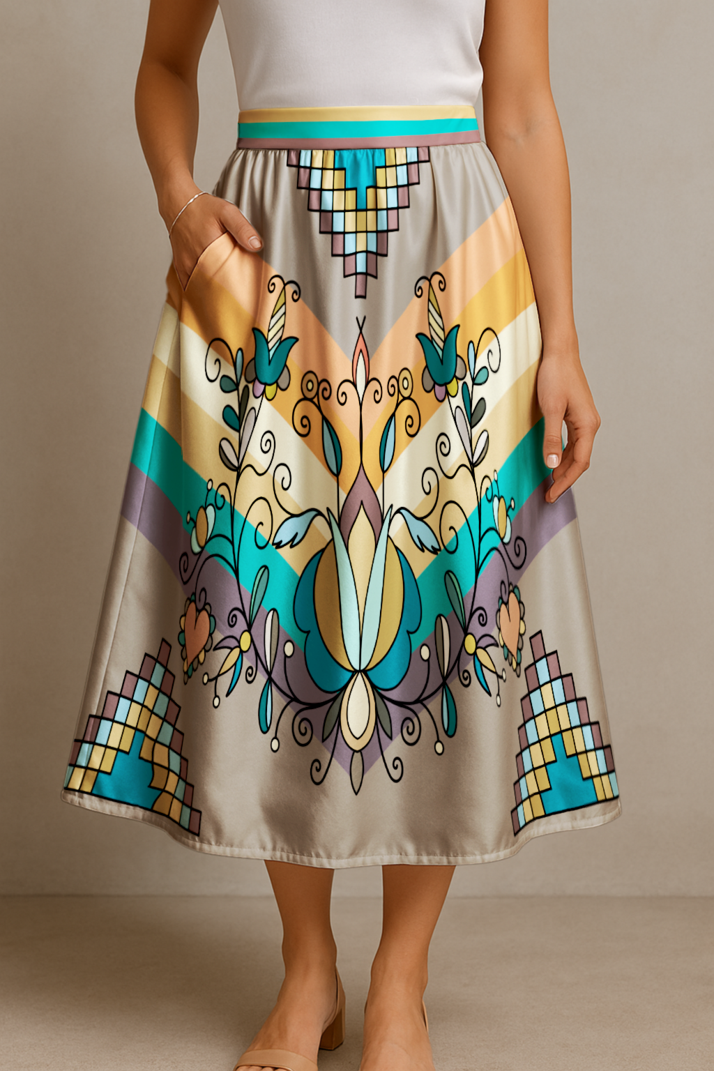 Sweet Grass Bloom Bright Elastic Waist Pocket Midi Skirt