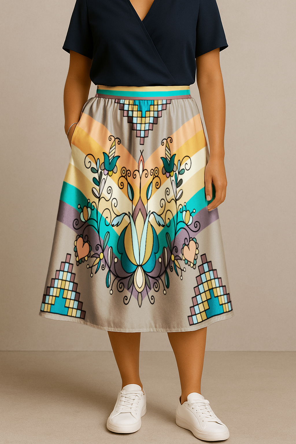 Sweet Grass Bloom Bright Elastic Waist Pocket Midi Skirt