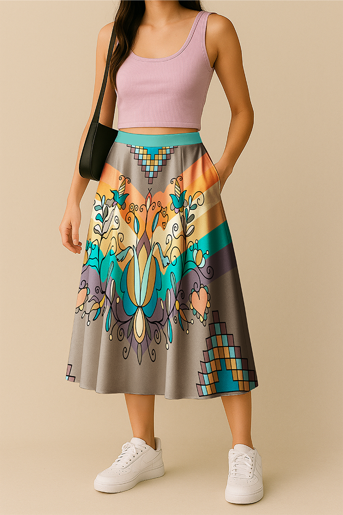 Sweet Grass Bloom Bright Elastic Waist Pocket Midi Skirt