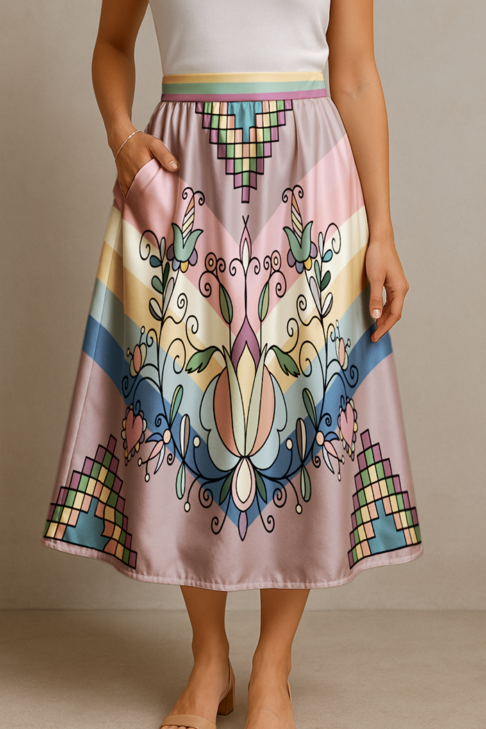Sweet Grass Bloom Pastel Elastic Waist Pocket Midi Skirt