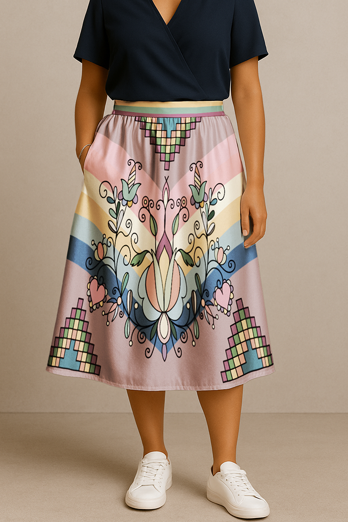 Sweet Grass Bloom Pastel Elastic Waist Pocket Midi Skirt