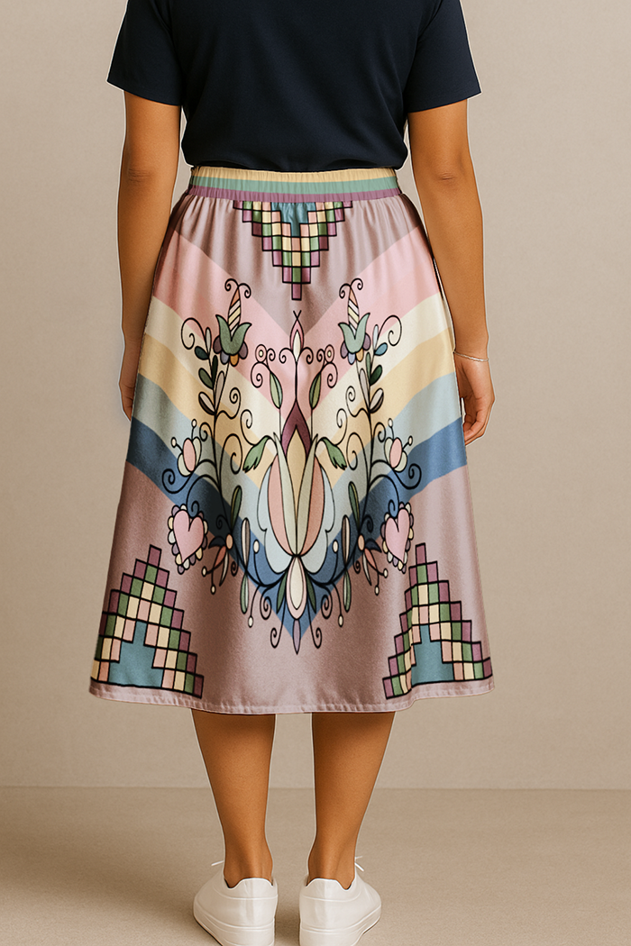 Sweet Grass Bloom Pastel Elastic Waist Pocket Midi Skirt