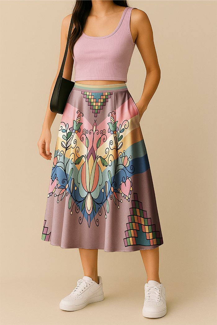 Sweet Grass Bloom Pastel Elastic Waist Pocket Midi Skirt