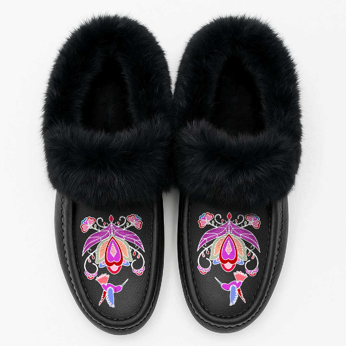 Frosted Leaf Spirit Black Leather Black Fur Moccasin