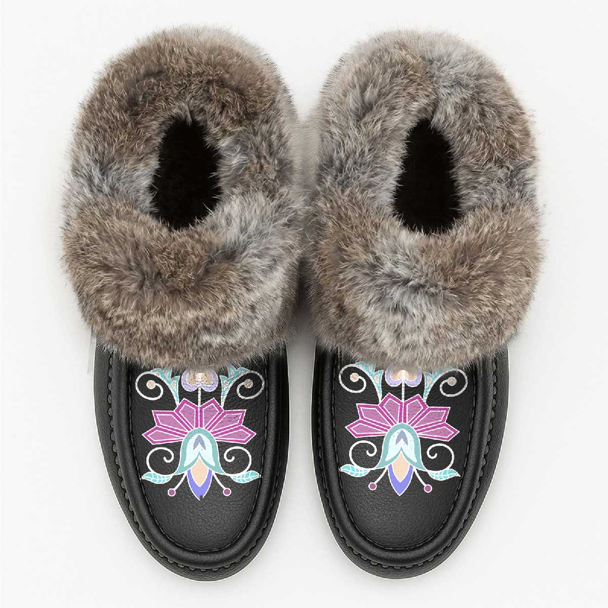 Moonlit Frost Black Leather Mottled Fur Moccasin