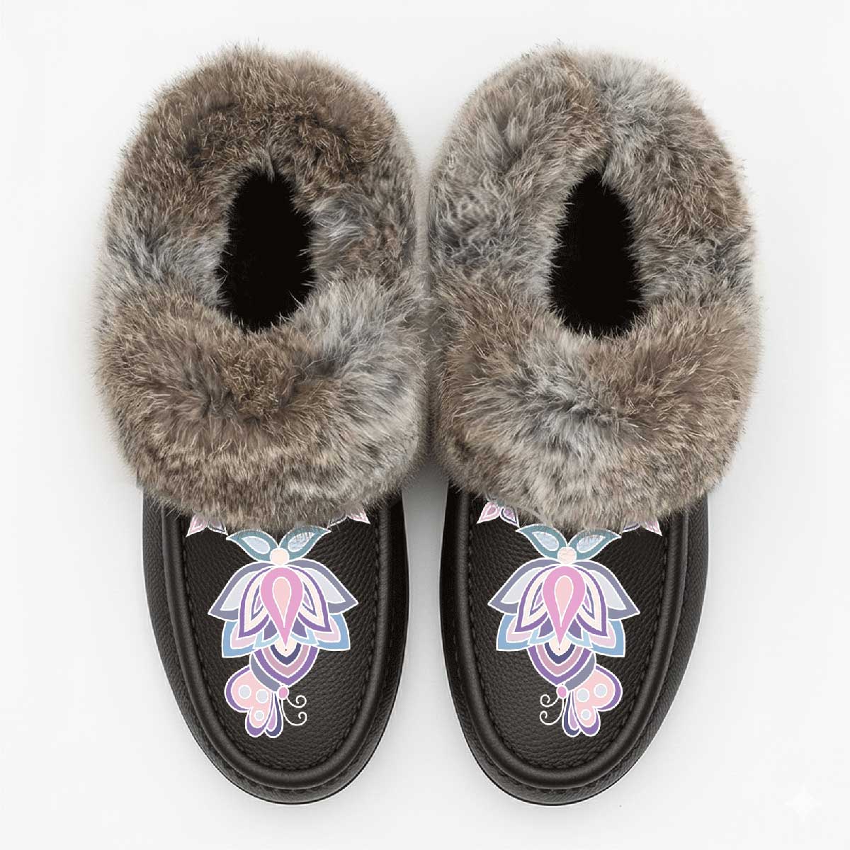 Snow Petal Spirit Brown Leather Mottled Fur Moccasin