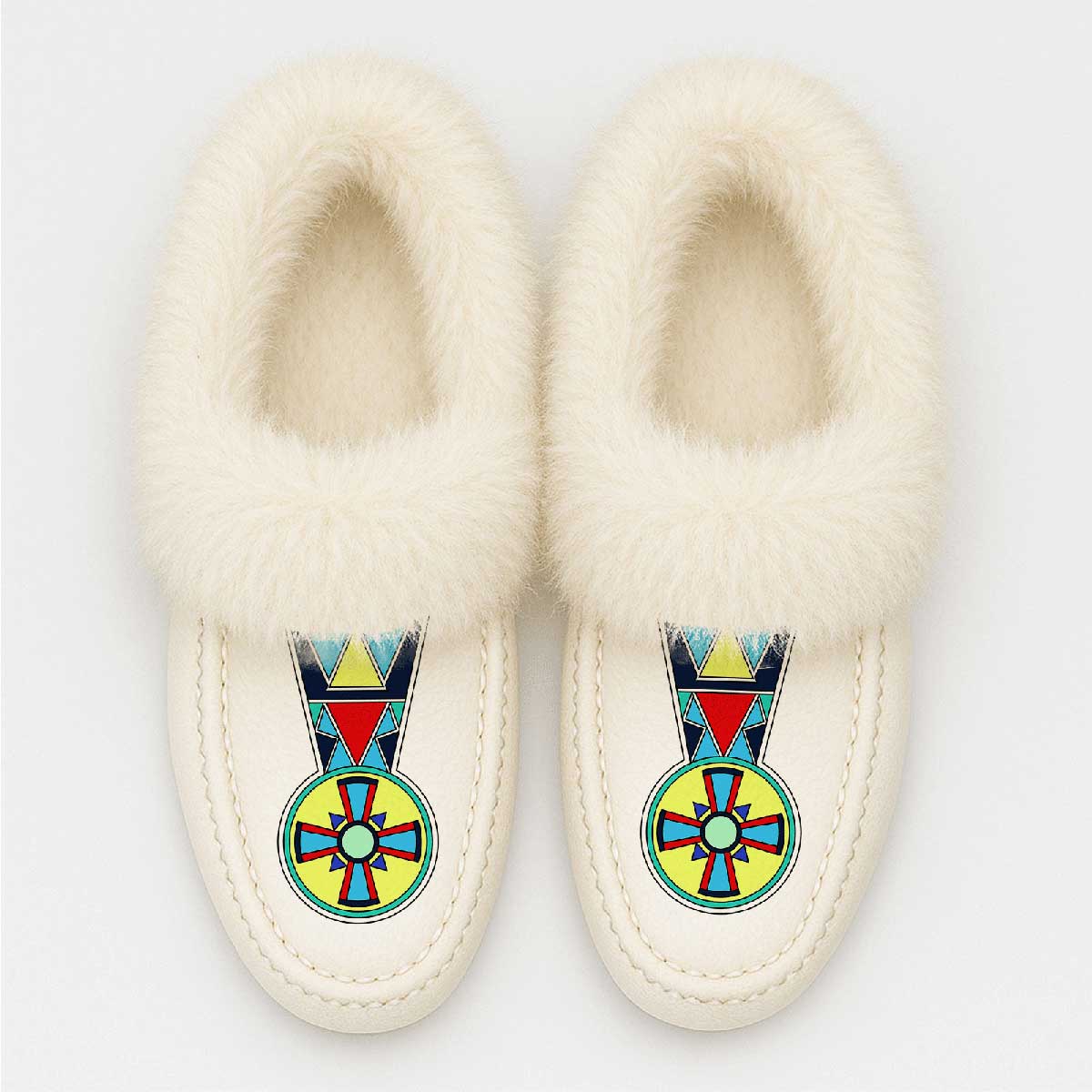 Firewheel Emblem White Leather White Fur Moccasin