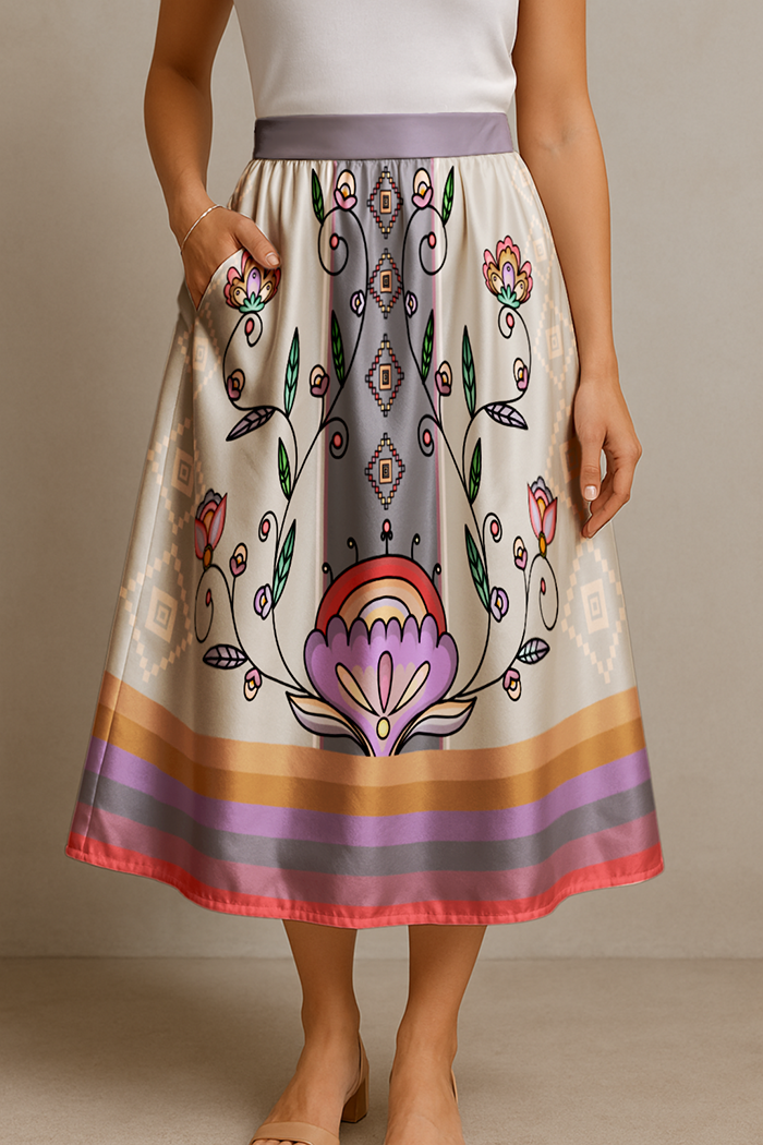 Threaded Whispers Pastel Elastic Waist Pocket Midi Skirt