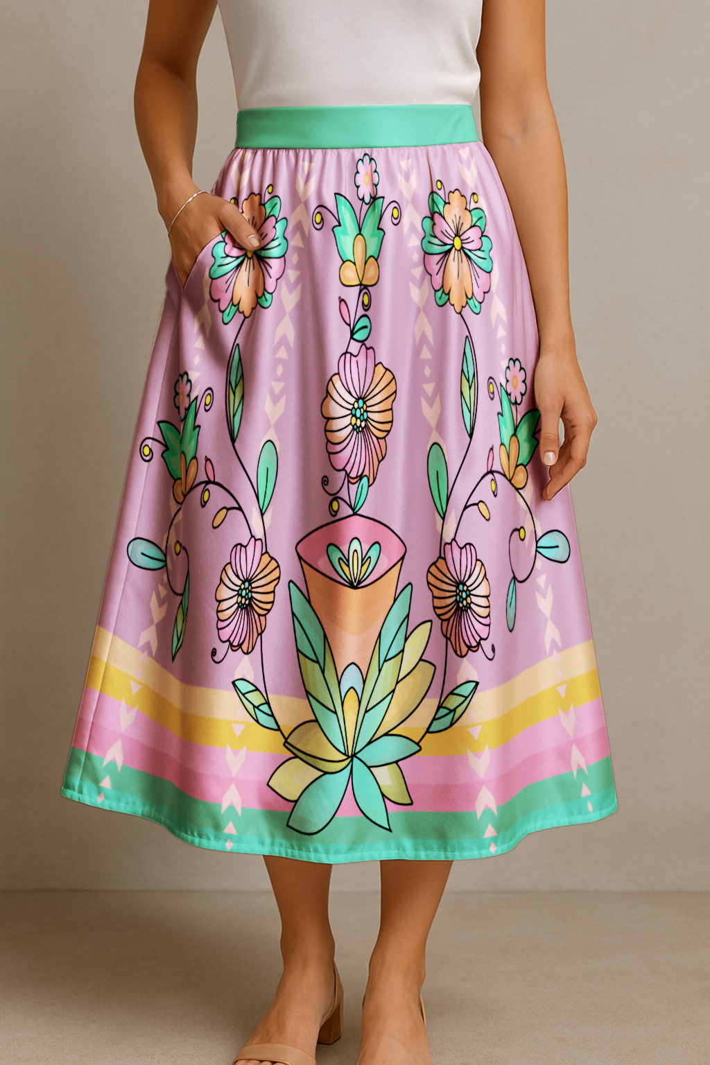 Whisphers of the Willow Bright Elastic Waist Pocket Midi Skirt