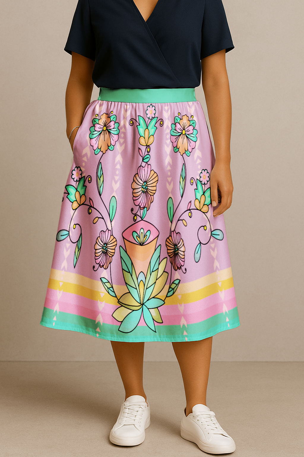 Whisphers of the Willow Bright Elastic Waist Pocket Midi Skirt