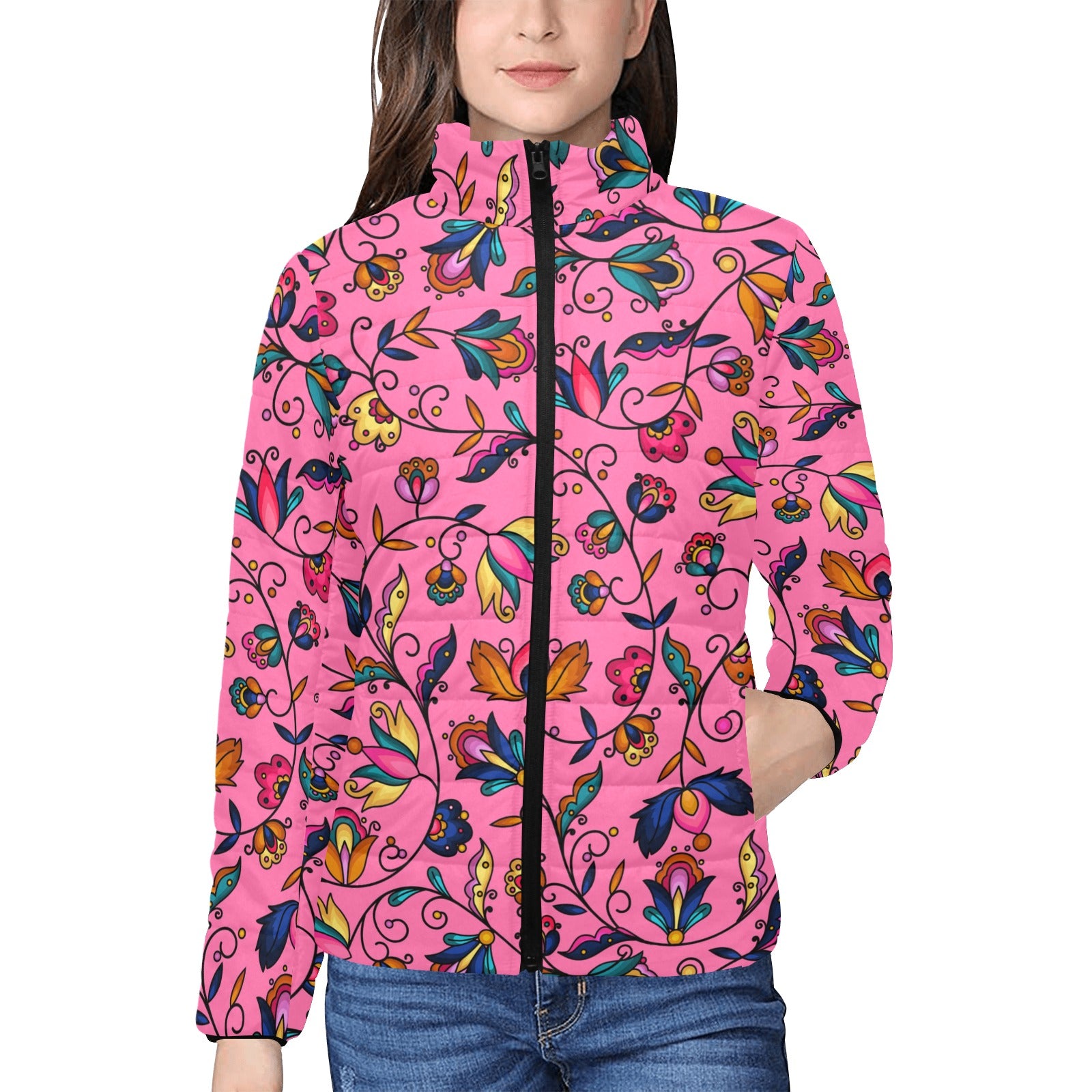Copper Prairie Petals Pink Women's Stand Collar Padded Jacket