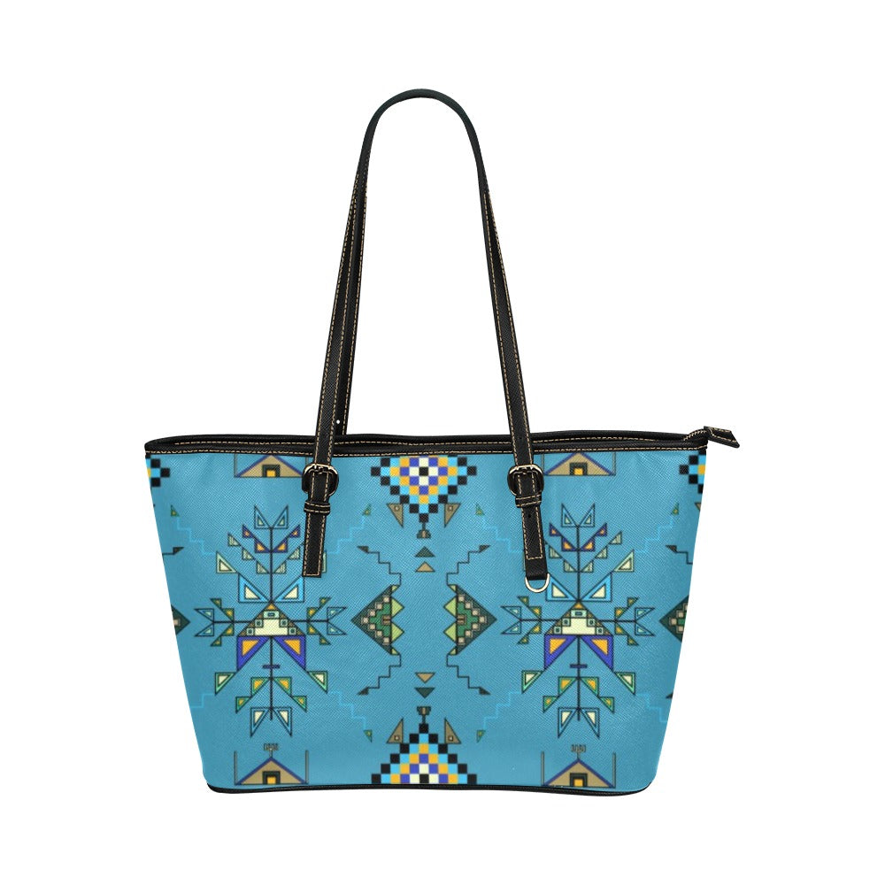 Bear Shield Blue Leather Tote Bag/Large