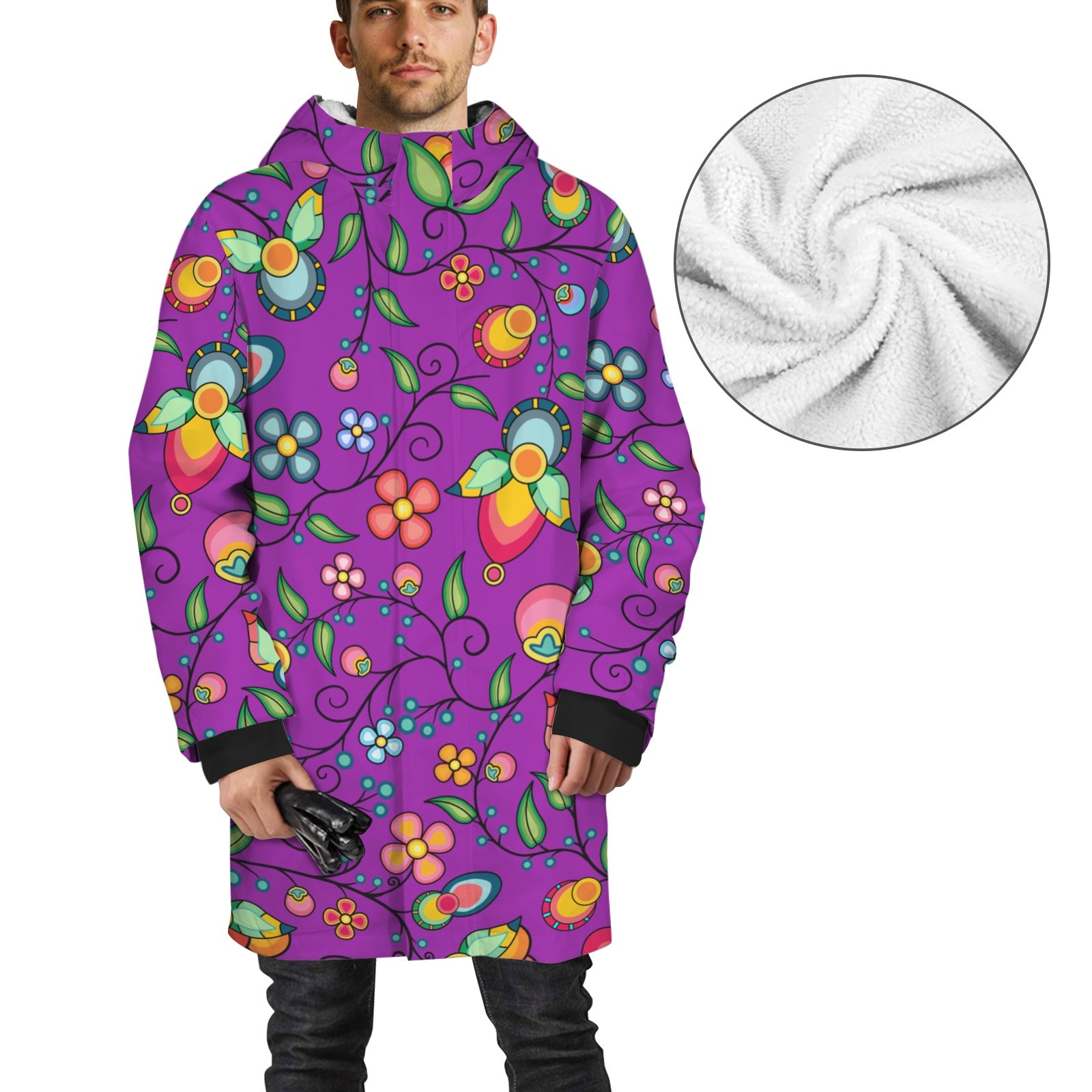 Floral Bounty Purple Unisex Sherpa Lined Hooded Coat