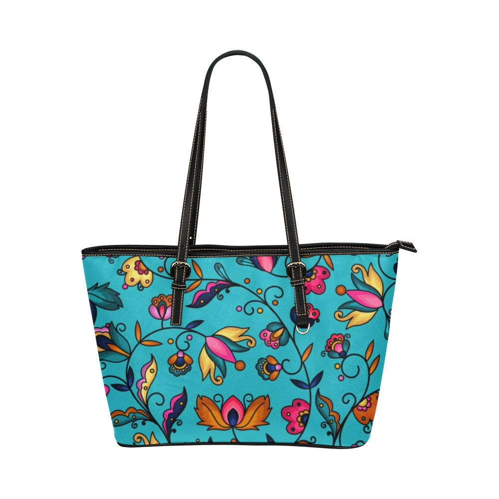 Copper Prairie Petals Turquoise Leather Tote Bag/Large
