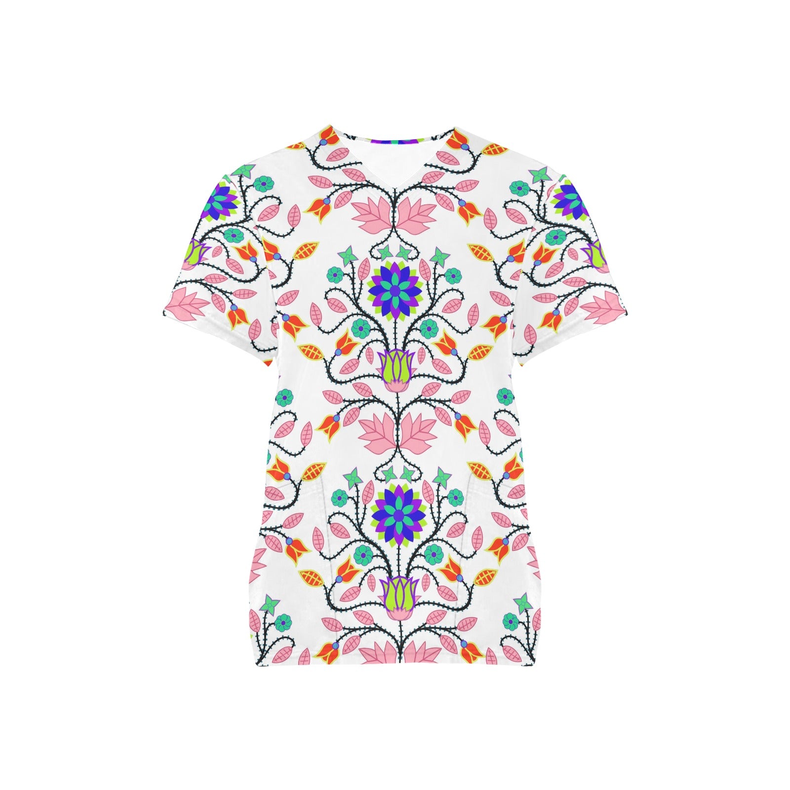 Floral Beadwork Four Clans White Scrub Top