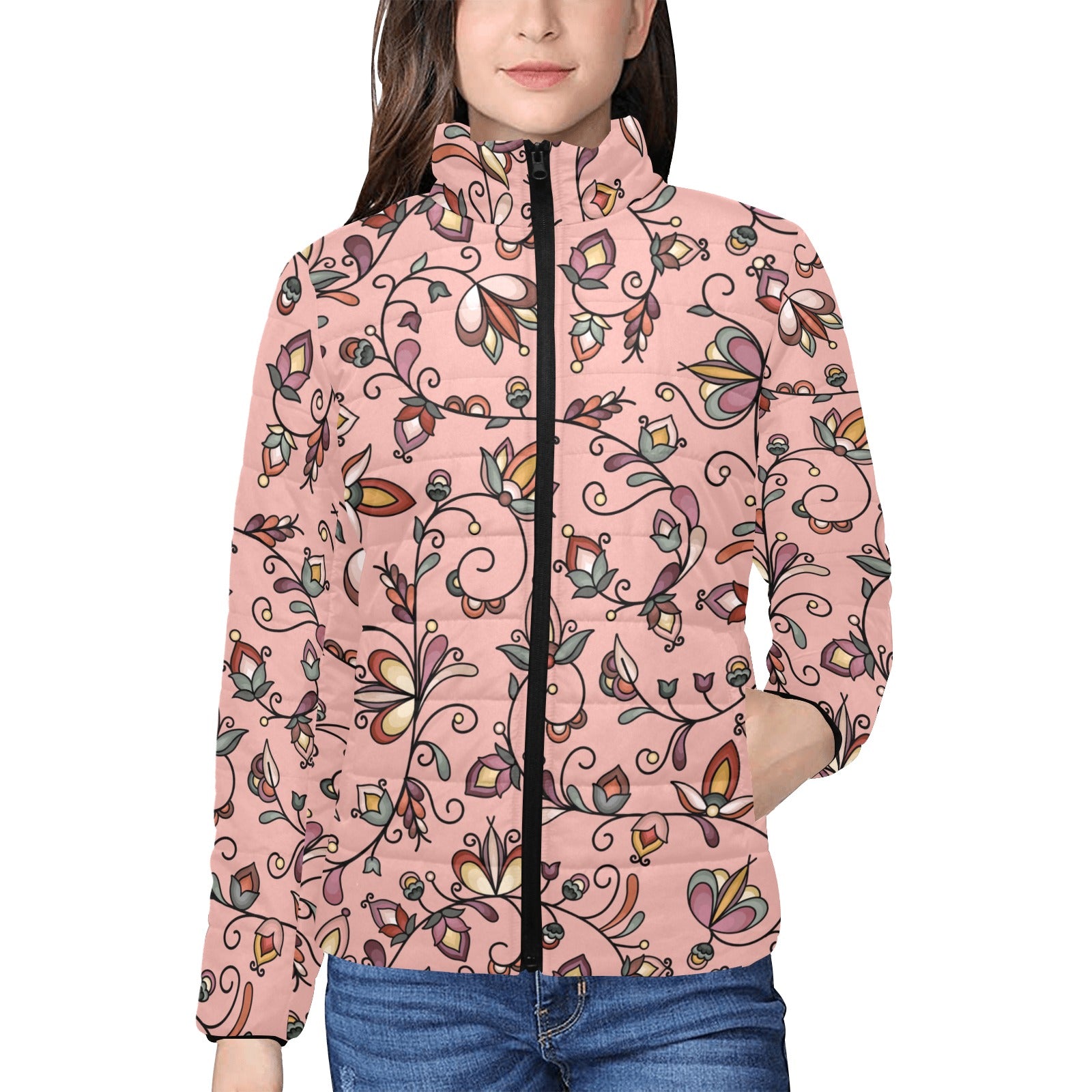 Burnt Sky Petals Peach Women's Stand Collar Padded Jacket