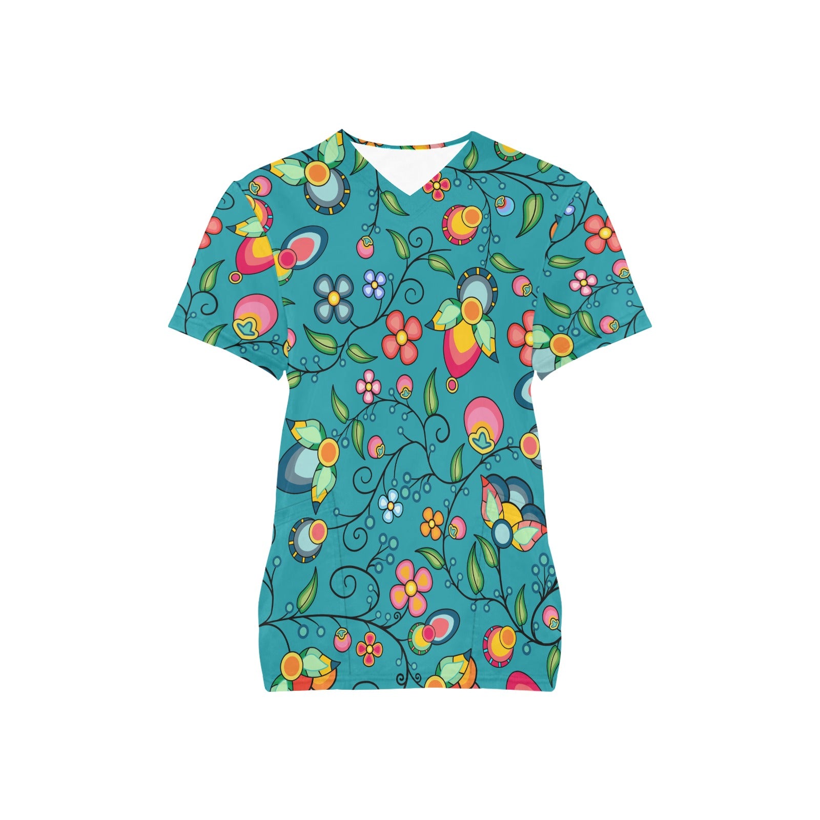Floral Bounty Teal Scrub Top