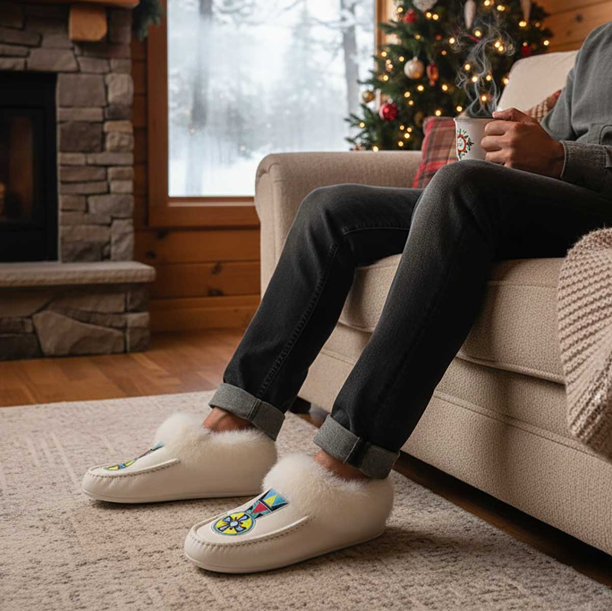 Firewheel Emblem White Leather White Fur Moccasin