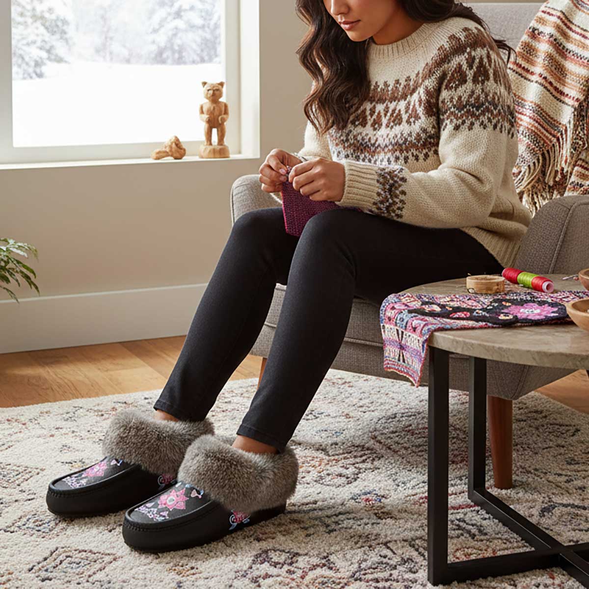 Frost Flower Circle Black Leather Mottled Fur Moccasin