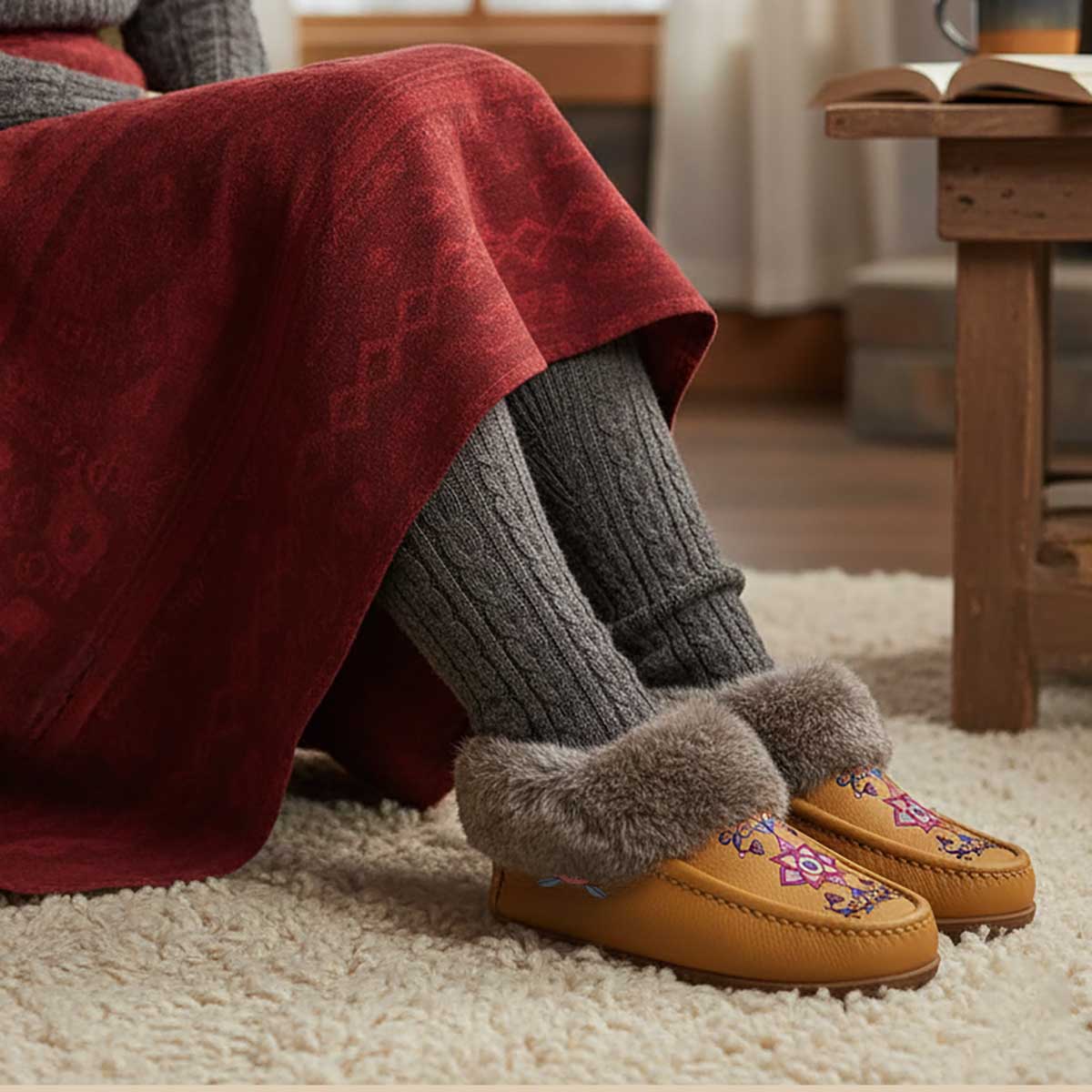 Frost Flower Circle Tan Leather Mottled Fur Moccasin