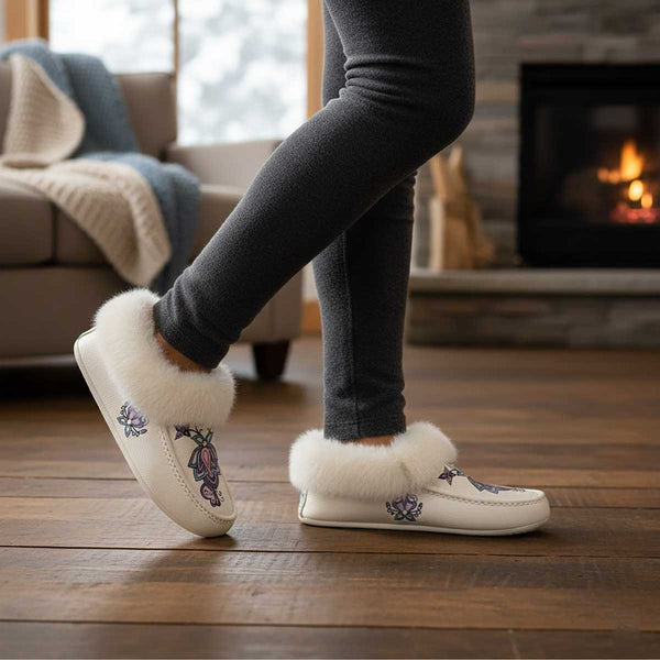 Snow Petal Spirit White Leather White Fur Moccasin