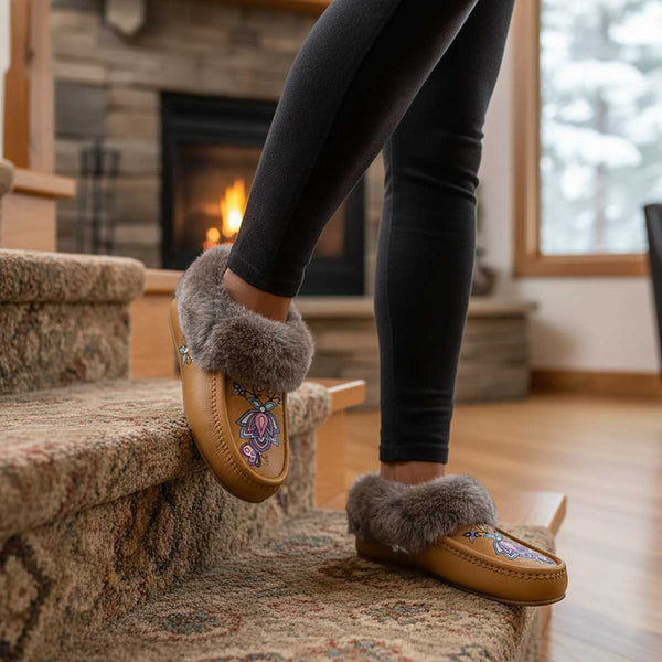 Snow Petal Spirit Tan Leather Mottled Fur Moccasin