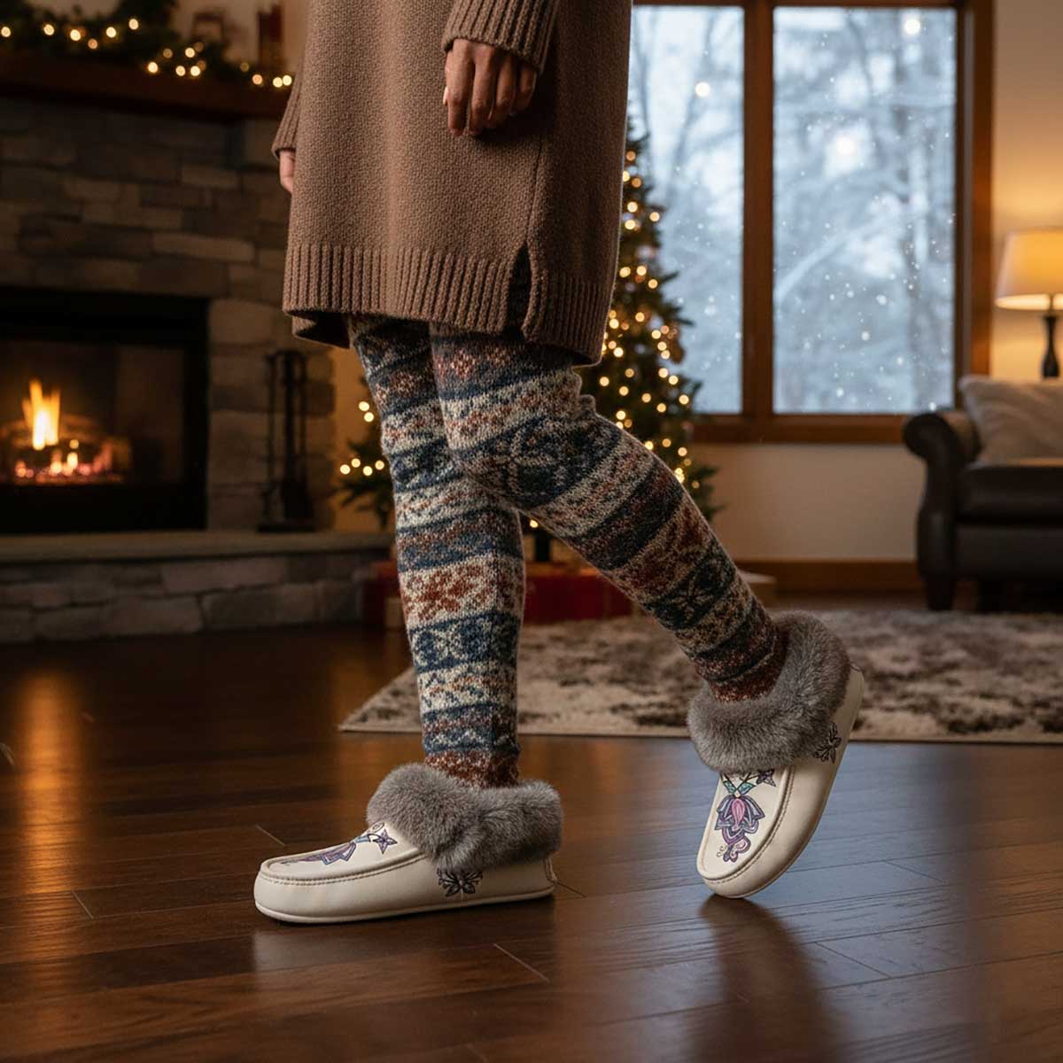 Snow Petal Spirit White Leather Mottled Fur Moccasin