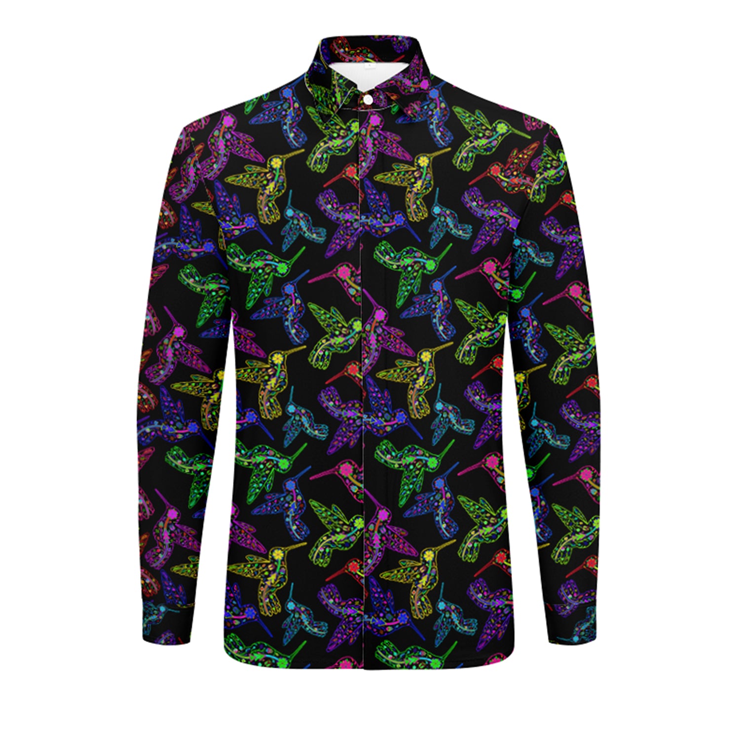 Neon Floral Hummingbird Men's Long Sleeve Dress Shirt