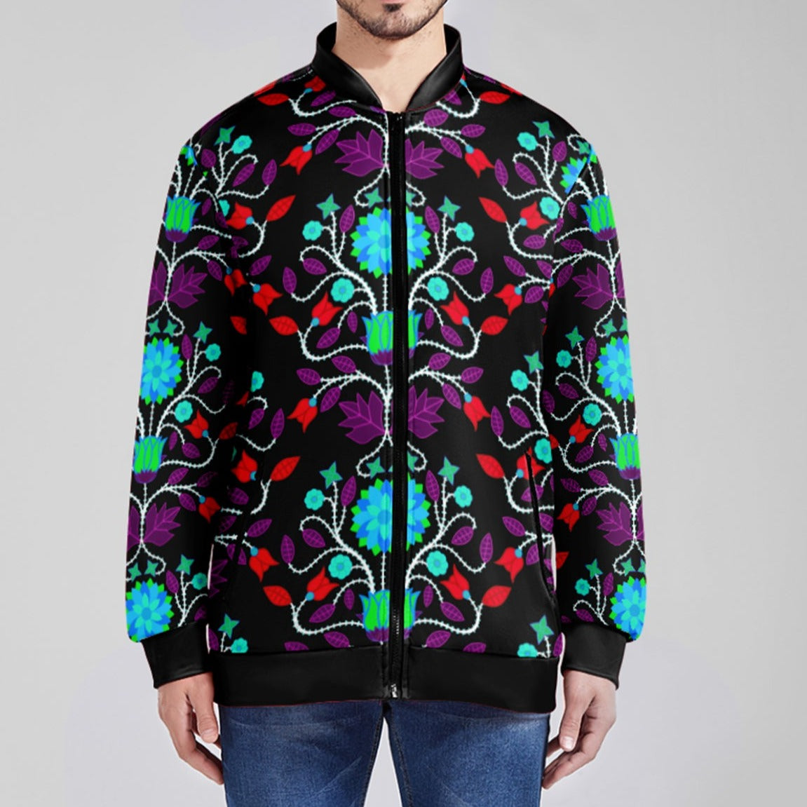 Floral Beadwork Four Clans Winter Zippered Collared Lightweight Jacket
