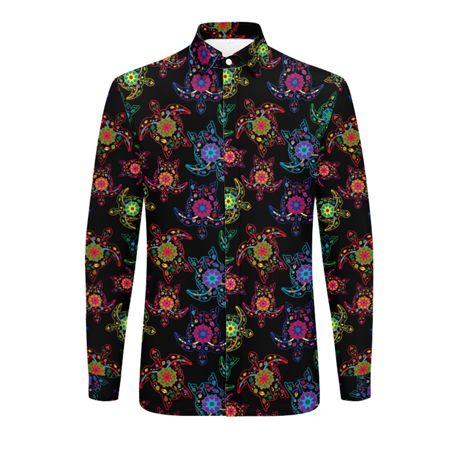 Neon Floral Turtle Men's Long Sleeve Dress Shirt