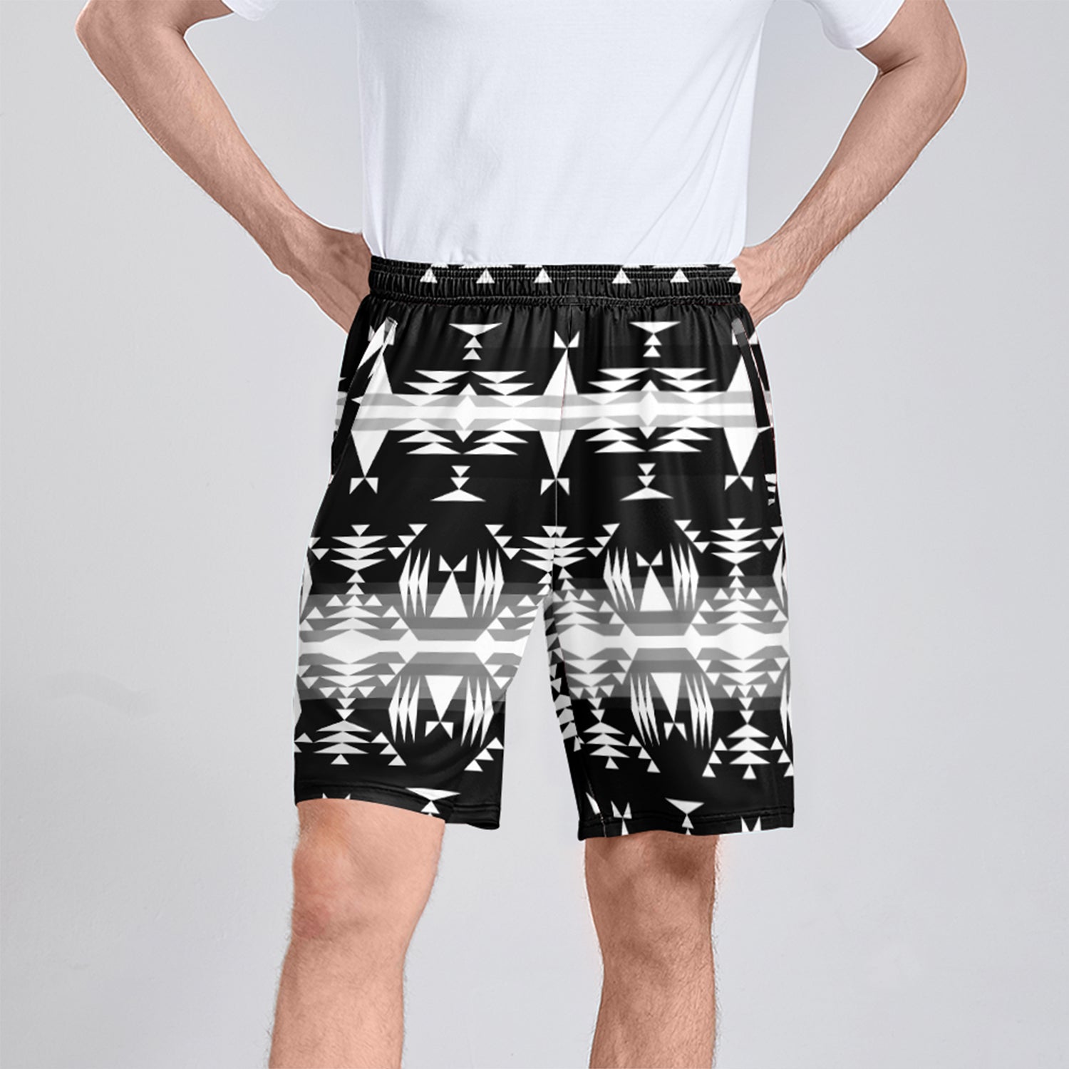 Between the Mountains Black and White Athletic Shorts with Pockets